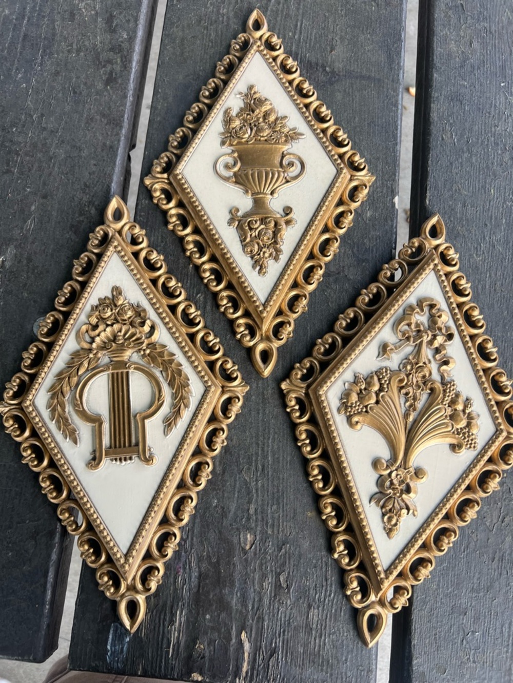 VTG 1971 Homco Gold Cream Diamond Wall Plaques SET of 3 Hollywood Regency MCM